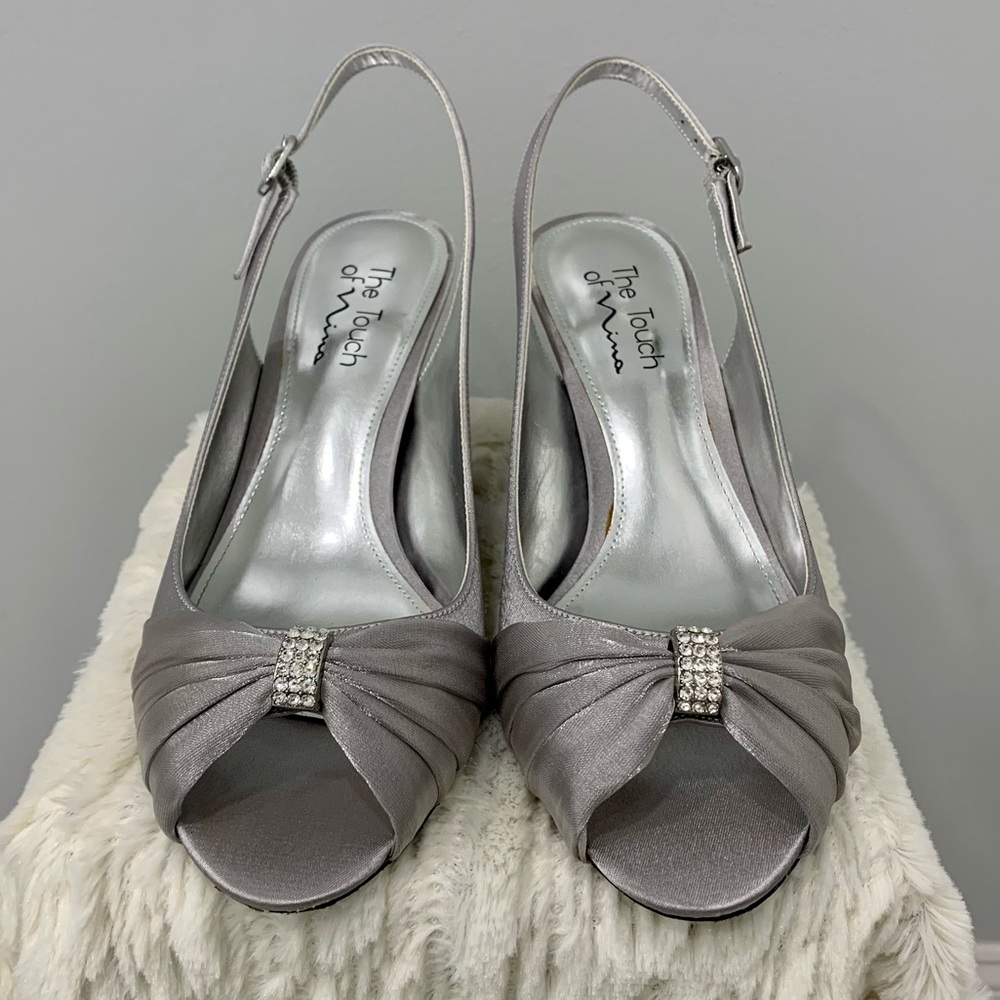 Silver Satin Dressy Open Toed Wedding Heels